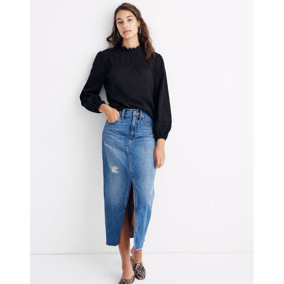 Madewell Pieced Eyelet Mockneck Ruffle Top in True Black - Picture 1 of 15